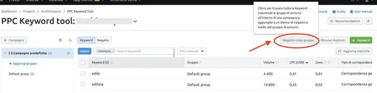 Semrush PPC Keyword Tool: tabella parole chiave con volume, CPC e opzioni prospetti