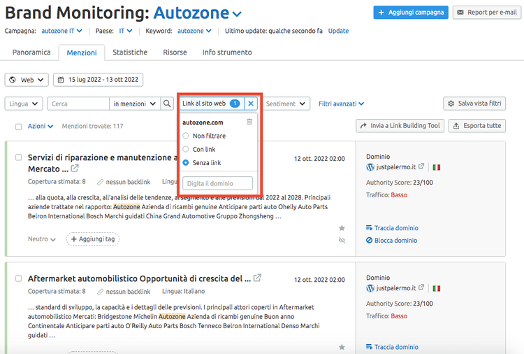 Brand Monitoring Autozone: menzioni senza link