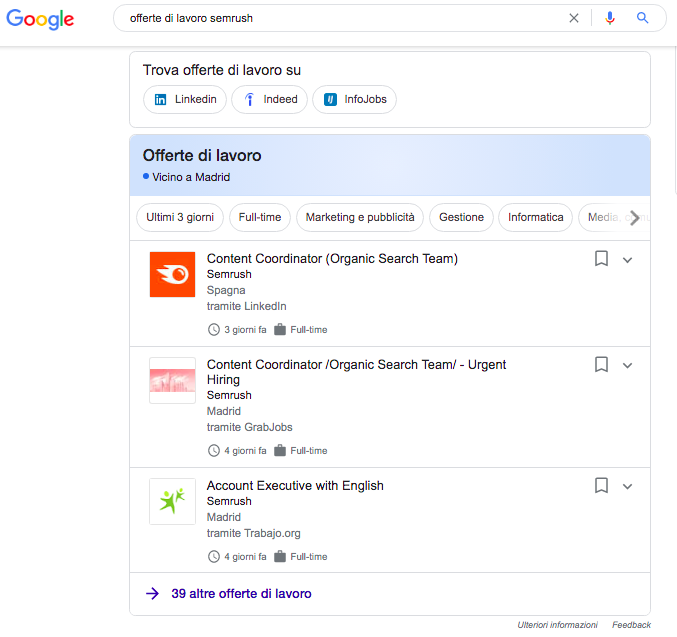 Google Job listings offerte lavoro Semrush Madrid