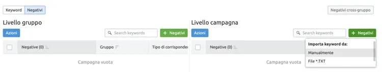 Google Ads: gestione parole chiave escluse a livello gruppo e campagna con tabs