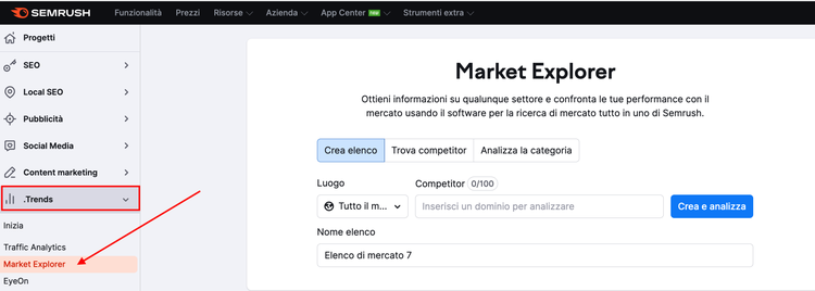 SEMrush Market Explorer: strumento Trends menu project sidebar