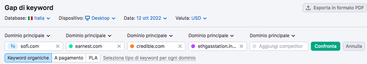 Gap keyword SOFI: dettagli con scheda Condivise