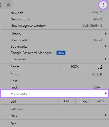 Seleziona "Altri strumenti" dal menu a discesa di Chrome.