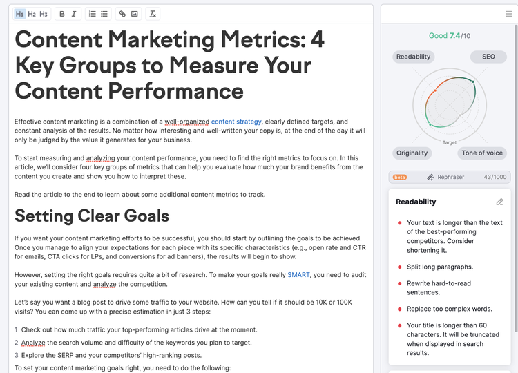 Testo articolo Content Marketing Metrics e pannello scoring SEO
