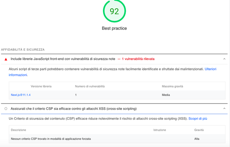 Punteggio Best practice 92 con vulnerabilità sicurezza riscontrate