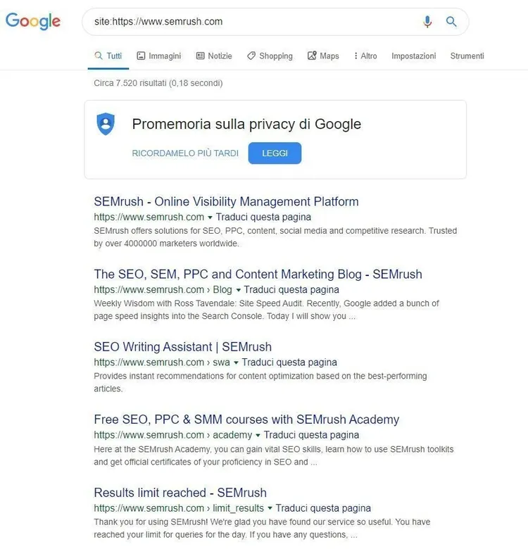 Operatore Google site: in azione per vedere i titoli delle pagine