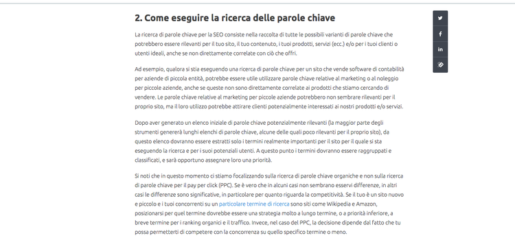 Articolo con paragrafo su come eseguire ricerca parole chiave