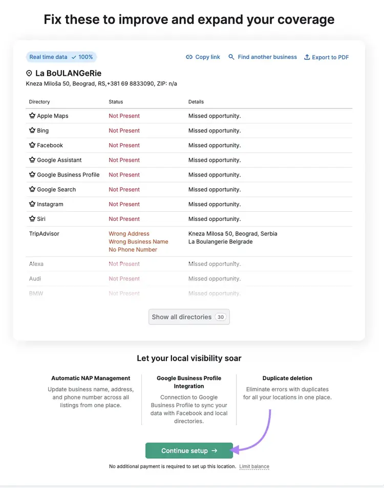 Il controllo gratuito delle inserzioni aziendali fornisce informazioni sullo stato di directory come Apple Maps, Bing, Facebook e altre.
