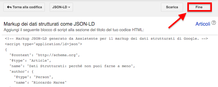 Codice JSON-LD completo con pulsante Fine