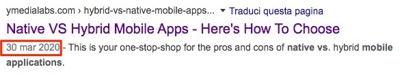 Snippet Google search result Mobile Apps data 30 marzo 2020