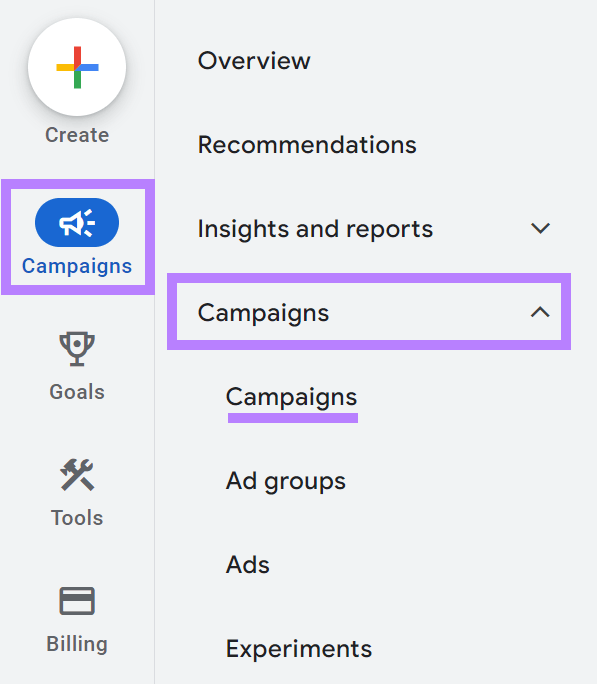 navigando verso "Campagne" nell'account Google Ads