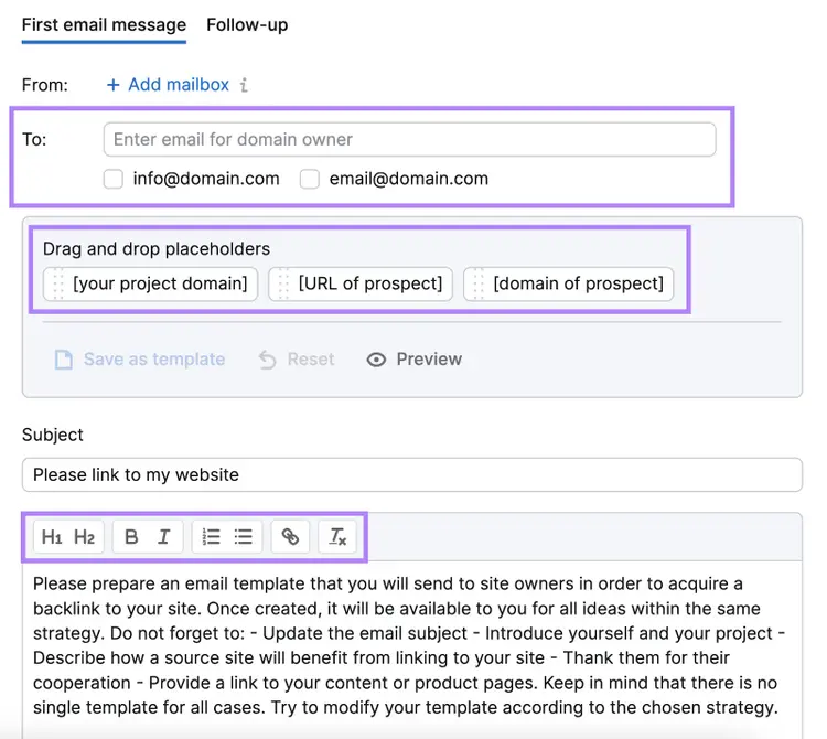 Opzioni di personalizzazione in un generatore di email in Link Building Tool