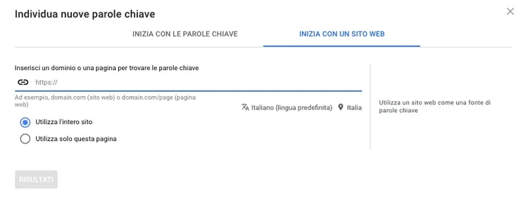 Keyword Planner con opzione Utilizza l'intero sito o singola pagina