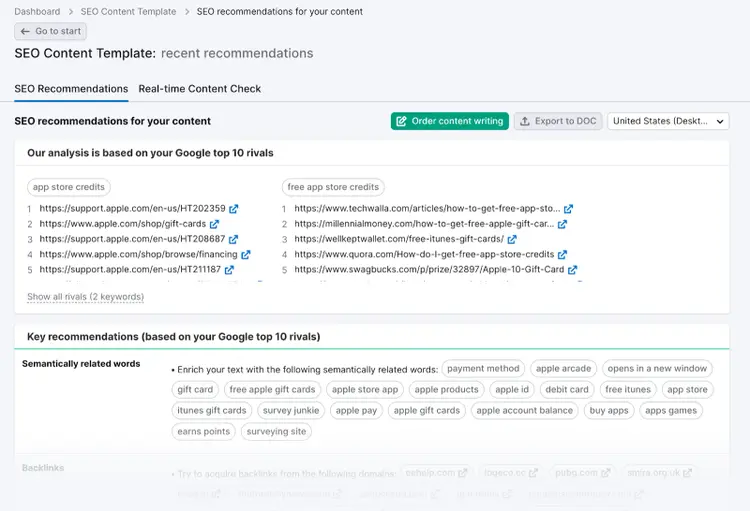 Le raccomandazioni di SEO Content Template mostrano quali sono le pagine che si classificano e le parole semanticamente correlate