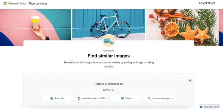 Interfaccia ricerca visuale Bing con immagini esempio