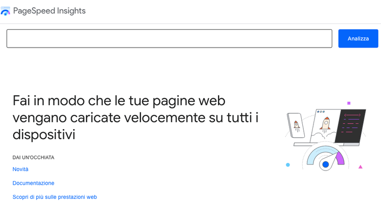 PageSpeed Insights homepage con input URL e risorse