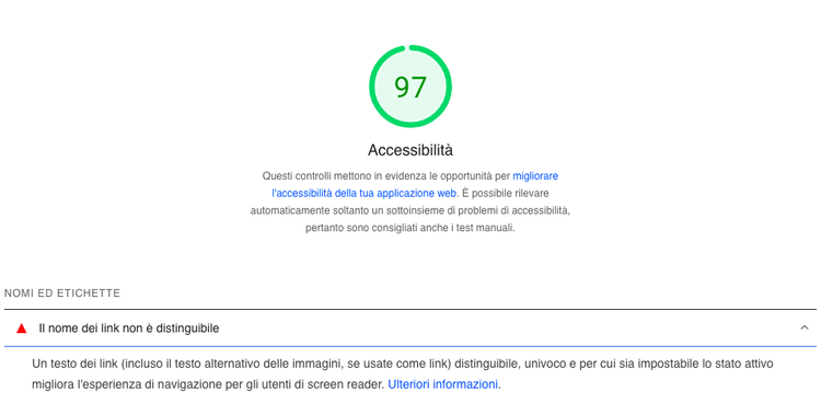 Punteggio Accessibilità 97 con controlli metriche accessibilità