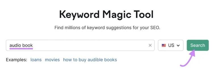 “audiolibro” inserito nella barra di ricerca Keyword Magic Tool