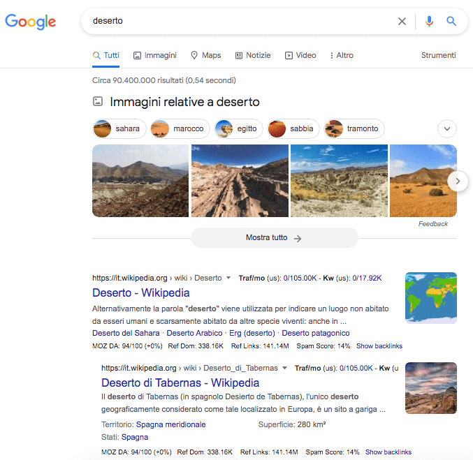 Google SERP deserto con immagini desert Wikipedia risultati