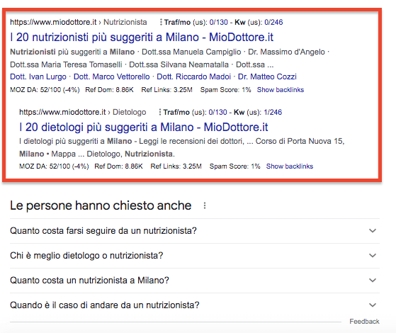 Risultati organici SERP per nutrizionista Milano da MioDottore