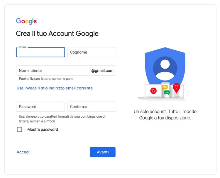 Modulo creazione account Google con campi Nome, Cognome, Email