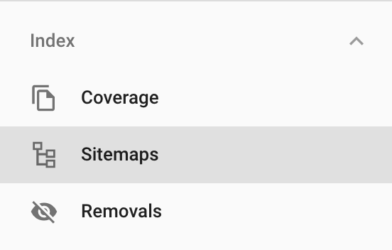 Google Search Console: Index menu con Coverage, Sitemaps, Removals