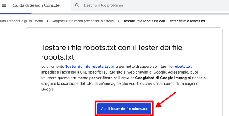 Google Search Console tester robots.txt con descrizione funzione