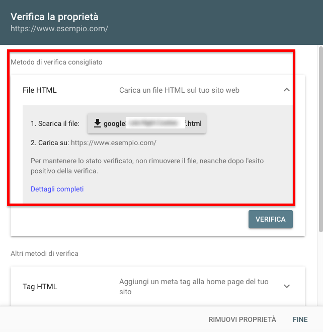 Google Search Console verifica proprietà con metodo file HTML