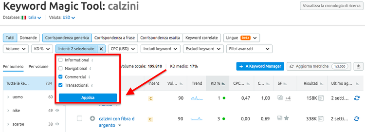 Filtro intenti ricerca nel Keyword Magic Tool