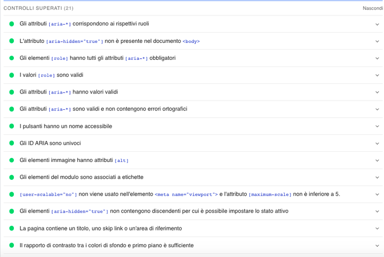 Controlli Accessibilità superati con elenco checkmark attributi