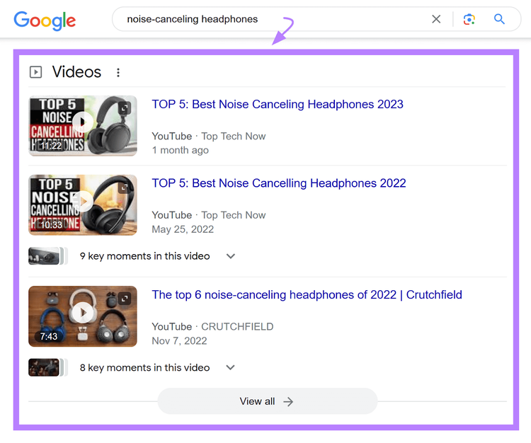 Esempio di carosello video sulla SERP di Google per la ricerca "cuffie a cancellazione di rumore".