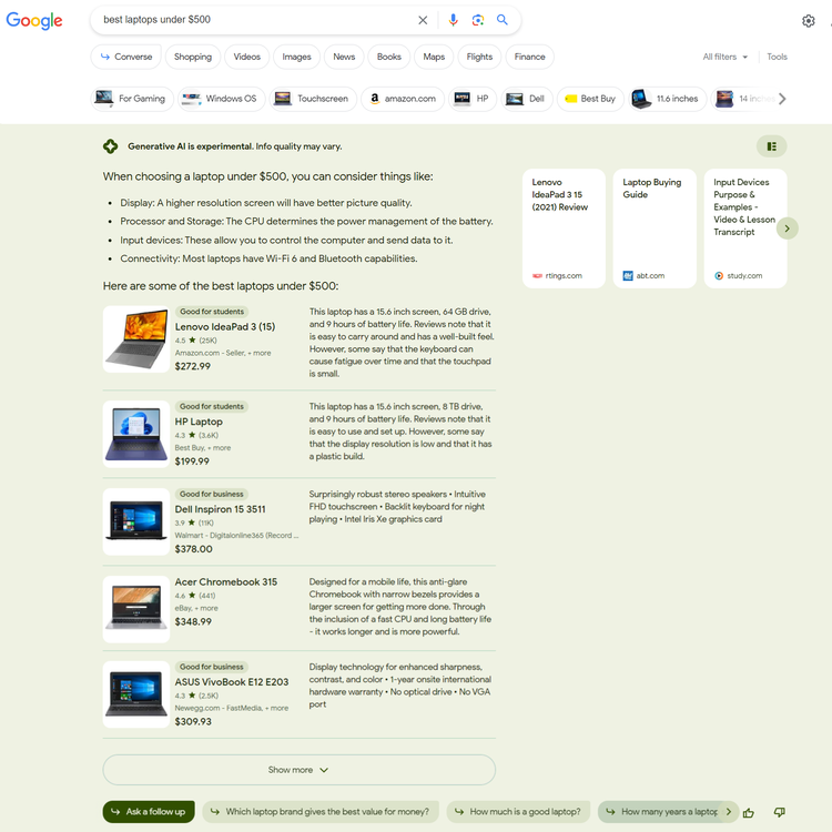 Google SGE shopping section displaying products with ratings and pricing details
