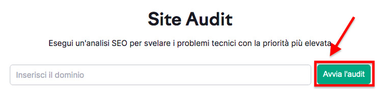 Pagina Site Audit con campo dominio e pulsante Avvia l'audit