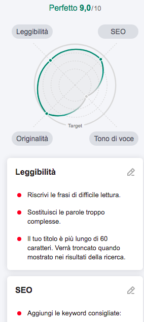 SEO Writing Assistant: punteggio 9.0/10 con radar 5 dimensioni