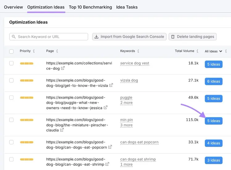 Scheda Idee di Ottimizzazione sull'On Page SEO Checker con il pulsante "5 idee" accanto a una pagina cliccata.