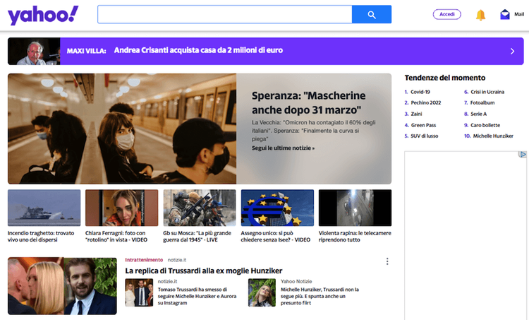 Yahoo: homepage con sezione notizie e articoli di tendenza