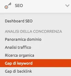 Menu SEO toolkit: Gap di keyword e Gap di backlink tra gli strumenti