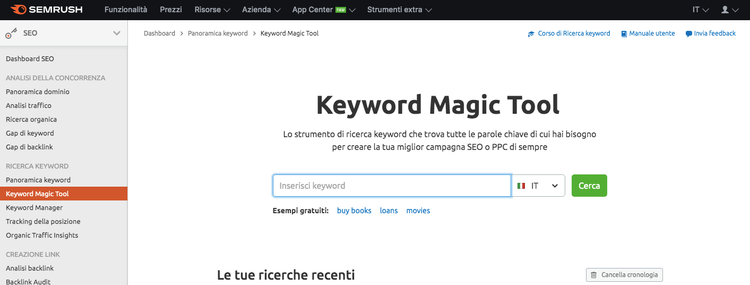 Interfaccia Keyword Magic Tool con ricerca dieta paleo