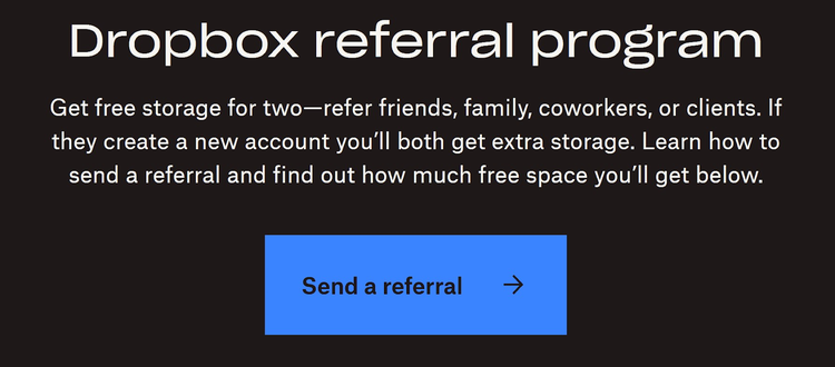 La pagina di destinazione del Programma Referral di Dropbox