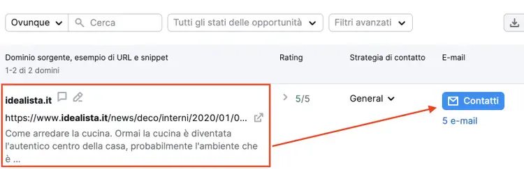 Pulsante Contatti per creare un'email e richiedere un link