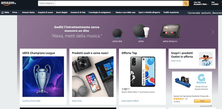 Amazon.it: homepage con categorie prodotti e offerte in evidenza