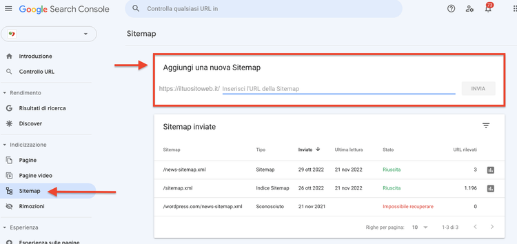 Google Search Console form inserimento URL sitemap nuova