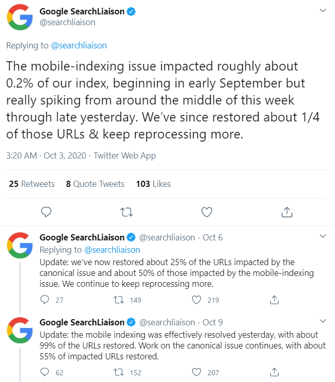Thread Twitter di Google SearchLiaison su bug mobile indexing del 2020