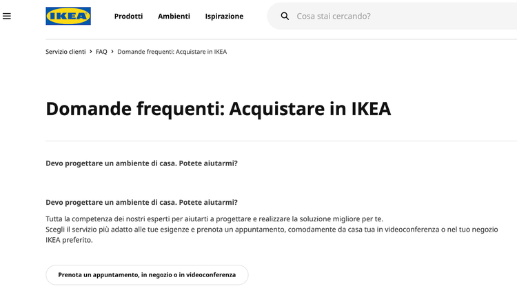 FAQ IKEA: 'Domande frequenti: Acquistare in IKEA' con Q&A accordion