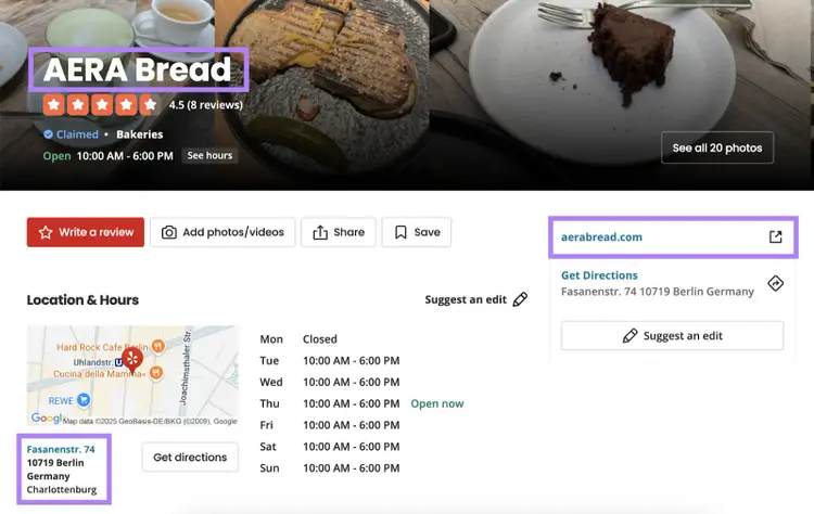 La pagina aziendale locale di Yelp include informazioni NAP.
