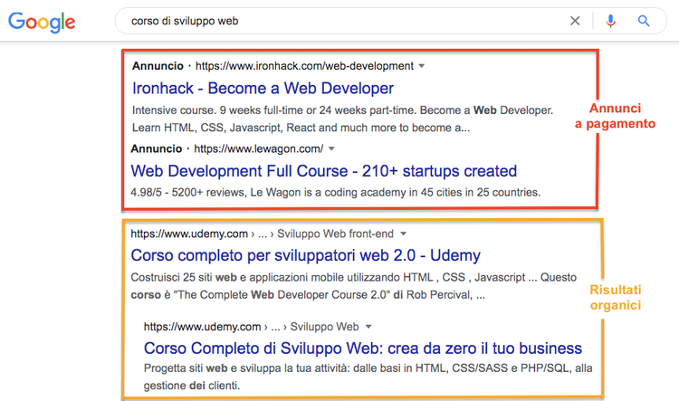 Google Search corso sviluppo web con annunci a pagamento e risultati organici