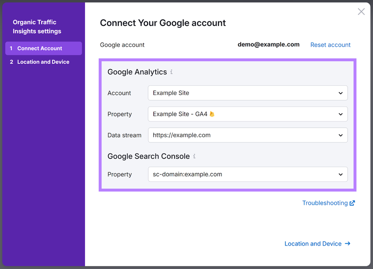 Popup delle impostazioni di Organic Traffic Insights con account Google connesso