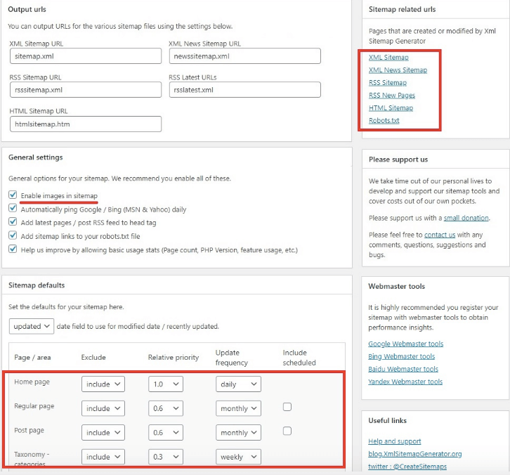 Yoast SEO output URL sitemap XML RSS settings pagina