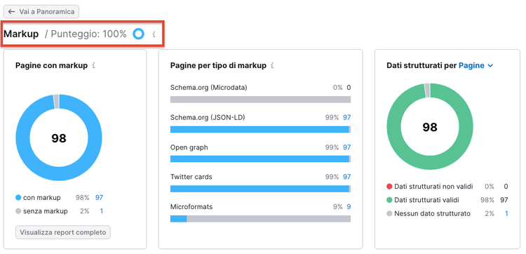 Sezione Markup Site Audit con score 100% grafici circolari