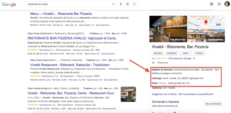 Google local Ristorante Vivaldi rating stars